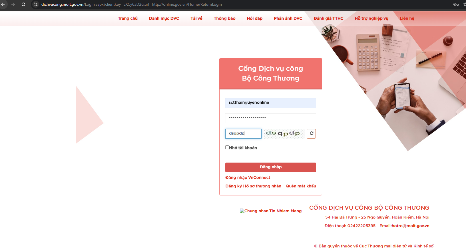 Giao diện trang đăng nhập tại cổng dichvucong.moit.gov.vn