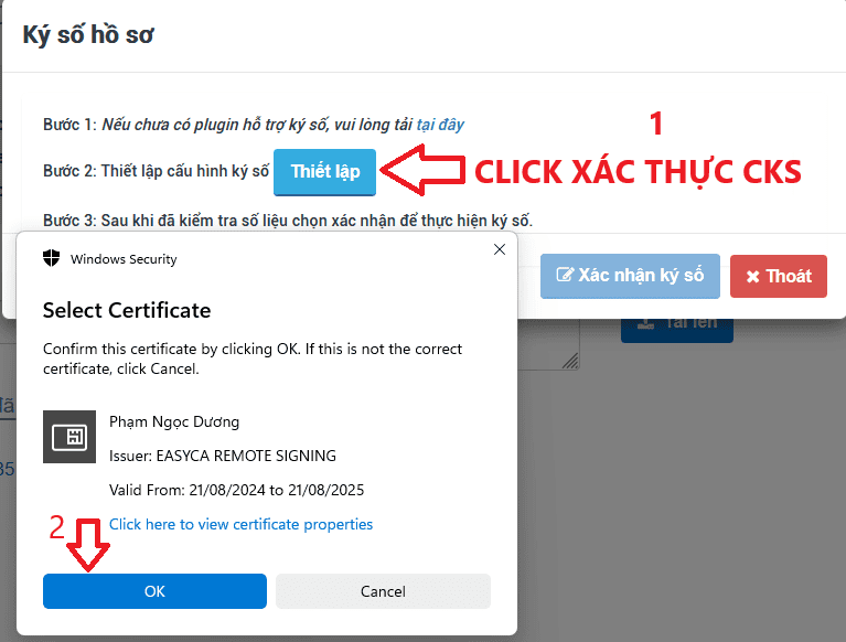 Click xác thực chữ ký số 